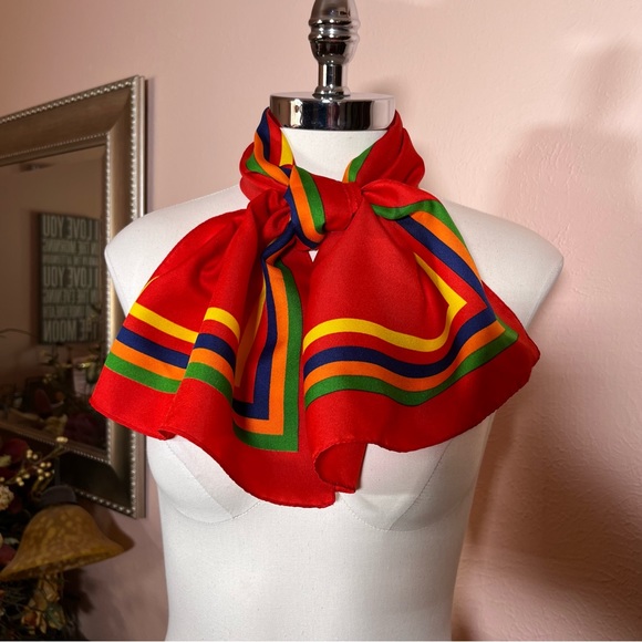 Vintage 70 80 Red MOD Rainbow Preppy Stripe Rectangle Bow Neck Scarf - Picture 4 of 17